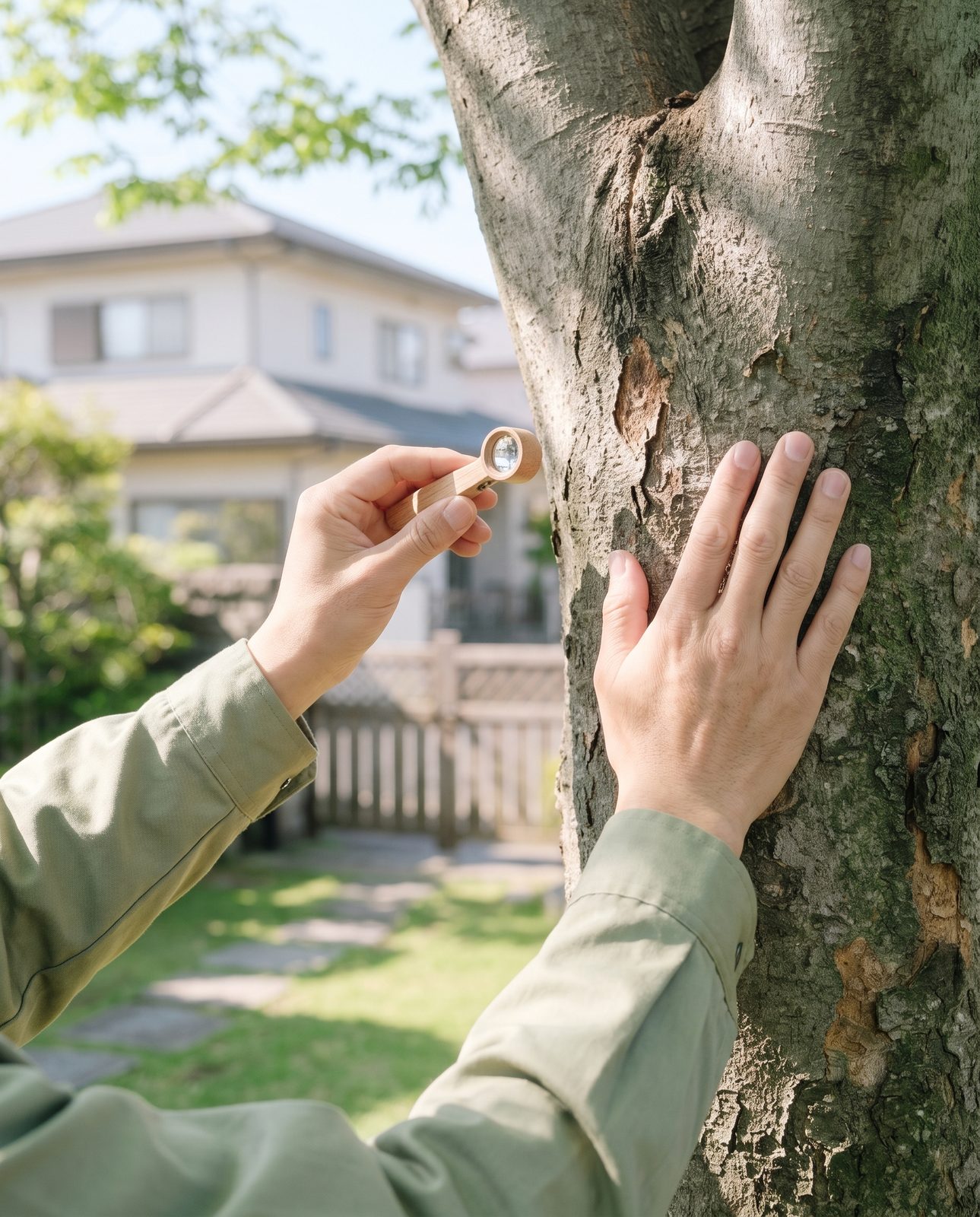 ルーペを手に、幹に手を当てて確かめる手元